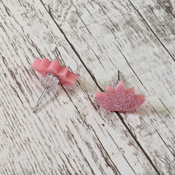 Sparkly Acrylic Light Pink Lotus with Light Pink Glitter Stud Earrings - Picture 9 of 10